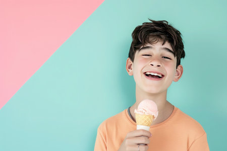 The young boys arm is raised, holding an ice cream cone as he smiles happily. His eyes twinkle with joy while his fingers grip the cone tightly. His neck and jawline show a content expressionの素材