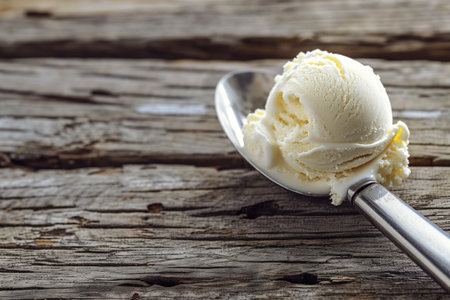 A scoop of vanilla ice cream rests on a rustic wooden table, showcasing the natural beauty of hardwood alongside this delectable dessertの素材