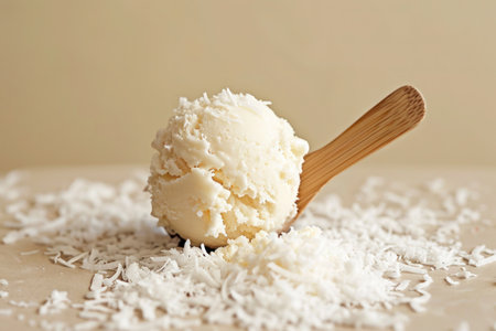A scoop of ice cream is placed on a wooden spoon covered with coconut flakes, creating a delicious dessert treatの素材