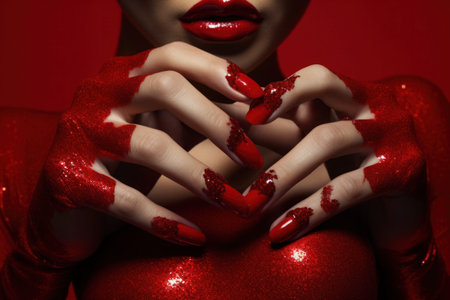 A close-up of elegant hands adorned with red sparkling nail polish, capturing the essence of glamor and sophisticationの素材