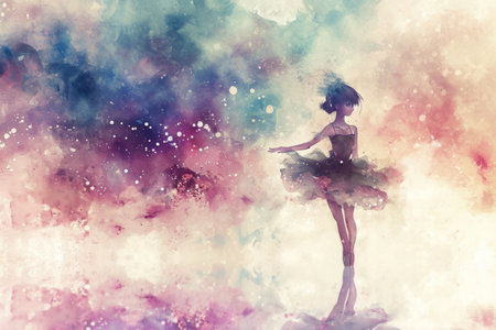 a painting of a ballerina in a colorful tutu. watercolor drawing, stands with her back against a light backgroundの素材