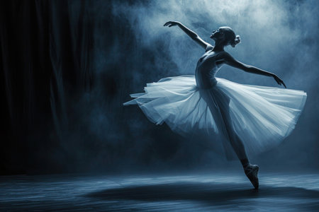 A ballerina gracefully dances on stage in a dimly lit room, creating a fluid and mesmerizing performance that resembles a beautiful painting brought to lifeの素材