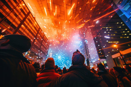 A crowd is gathered in the city to watch a spectacular fireworks show at night, set against the backdrop of entertainment buildings and music venues, creating a fun and vibrant eventの素材