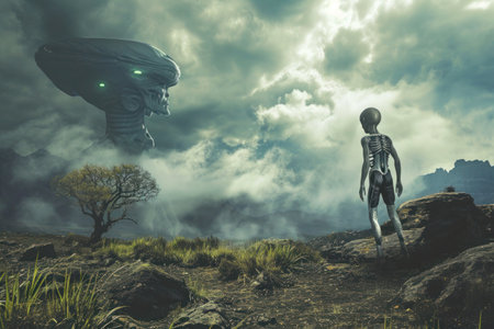 An alien is standing in the middle of a grassland field, gazing up at the cloudy sky with an unidentified flying object UFO hovering aboveの素材