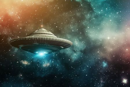 An unidentified flying object is traveling through space, hovering above a vast galaxy. The landscape is filled with water, atmosphere, and underwater mysteriesの素材
