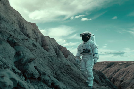 Astronaut on the background of the mountains. 3d renderingの素材