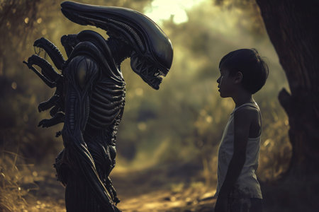 A CG artwork depicts a fictional character of a boy and an alien standing together in a dark jungle. This fictional event combines visual arts and terrestrial animal elementsの素材