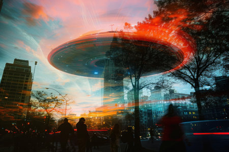 A mysterious UFO is hovering above the city at night, illuminating the sky with its mesmerizing display. The circleshaped object is captivating the world belowの素材