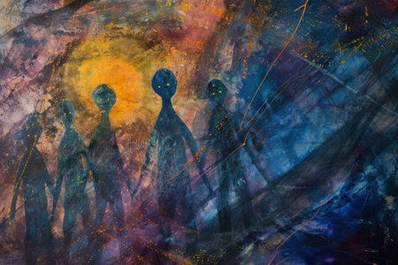A CG artwork depicting a group of aliens standing together in an electric blue landscape, creating a mesmerizing pattern with their circular shapesの素材