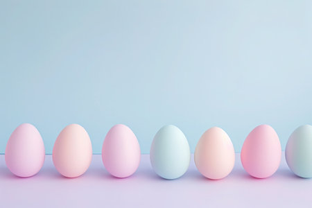 a row of pastel colored easter eggs on a blue and purple background. High qualityの素材