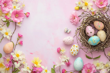 Creative arts with Easter eggs nestled in a floral nest on a pink background, surrounded by petals and ornamental twigs. Perfect for a flower arranging eventの素材