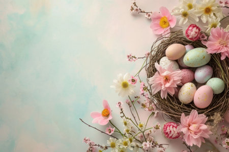 a nest filled with easter eggs and flowers on a table. High qualityの素材