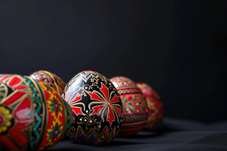 a row of colorful easter eggs are sitting on a table. High qualityの素材