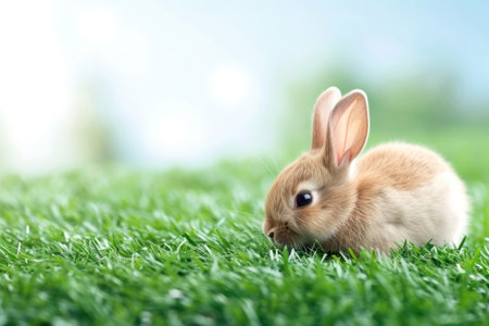 A small brown rabbit with long ears is sitting on the grassy groundcover in a natural grassland landscapeの素材