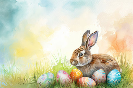 A Mountain Cottontail rabbit is peacefully sitting in the lush grass surrounded by beautifully painted Easter eggsの素材