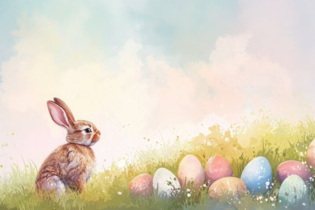 A wood rabbit is happily sitting in the grass next to colorful Easter eggs, under the clear sky in a natural landscapeの素材