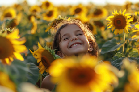 happy little girl in sunflowers field on summer day, smilingの素材