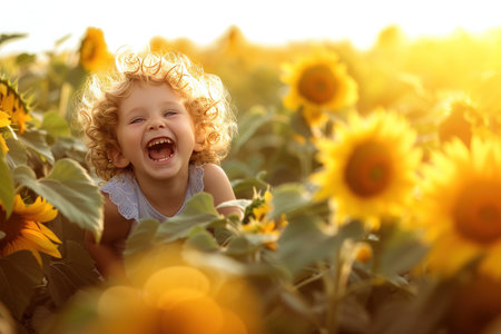 A happy little girl is smiling and laughing in a vibrant field of yellow sunflowers, surrounded by nature and beautyの素材