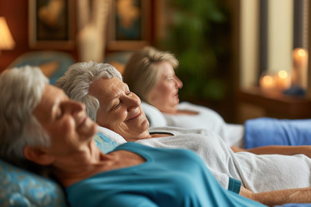 Three elderly women are sitting on a couch at a spa, sharing a moment of leisure and comfort. They are happy, smiling, and enjoying the event, chatting and having fun togetherの素材