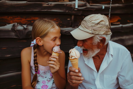 The elderly man and young girl share a fun moment as they both enjoy their dairy-filled ice cream cones at the table, exchanging smiles and gestures of appreciationの素材