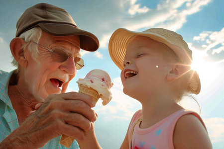 Under a cloudy sky, an elderly man wearing a hat shares his ice cream cone with a little girl, both smiling happily in this heartwarming gesture of sharingの素材