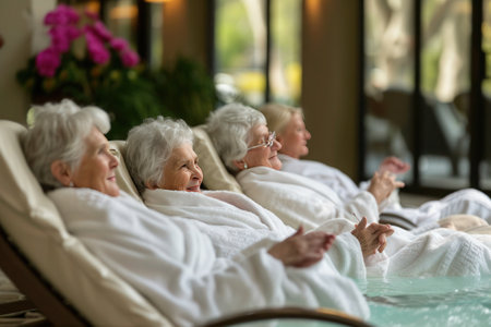 A group of elderly women are enjoying comfort and leisure in lounge chairs by a hot tub. They are sitting in a grassy area while smiling and having funの素材
