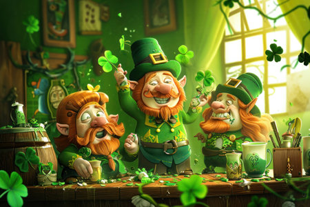 A group of fictional characters, leprechauns, are gathered around a table in a room, surrounded by grass and trees. They are enjoying entertainment, art, and fun at a holiday eventの素材