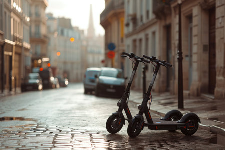 Stationary photorealistic image of electric scooters, seamlessly adding a modern touch to the classic European city backdropの素材
