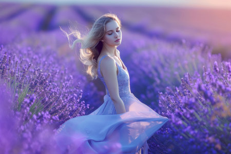A happy woman in an azure dress is surrounded by violet flowers in a field. The purple petals contrast beautifully with the green grass around herの素材
