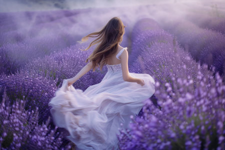 A woman in a stunning white dress happily runs through a meadow filled with beautiful purple flowers, surrounded by lush grass and a peaceful natural landscapeの素材
