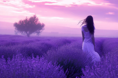 Under a sunny sky, a happy woman in a white dress stands in a field of vibrant purple flowers, surrounded by the beauty of natures landscapeの素材