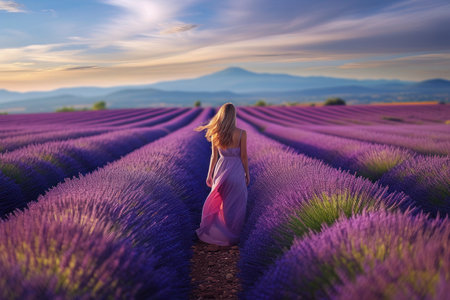 A woman wearing a purple dress is strolling through a field of lavender plants in a natural landscape, under a violet sky dotted with fluffy white cloudsの素材