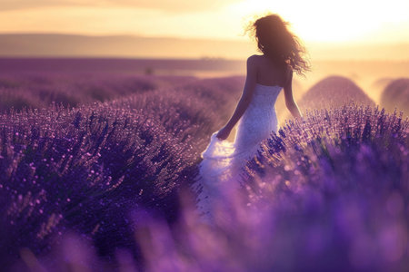 A woman in a white dress is strolling through a lavender field at sunset, surrounded by the vibrant colors of the sky and plant life in this beautiful natural landscapeの素材