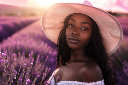 A happy woman with a sun hat stands in a lavender field, her purple hat matching the violet flowers around her. Her eyelashes and eyebrows catch the flash photography light, emphasizing her eyesの素材
