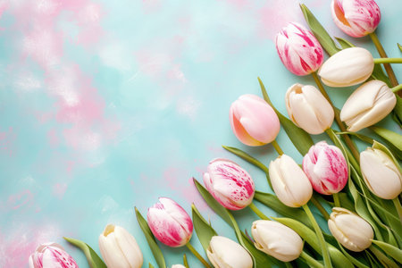 a bunch of pink and white tulips on a blue background. High qualityの素材