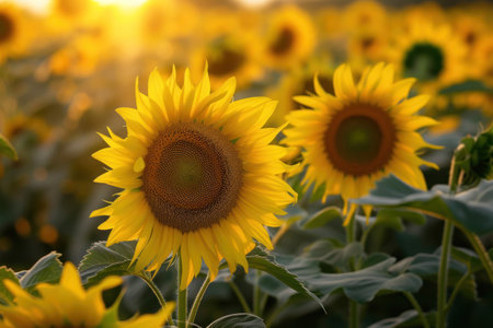 A vibrant field of yellow sunflowers with the sun shining through their petals, creating a stunning closeup view perfect for macro photographyの素材