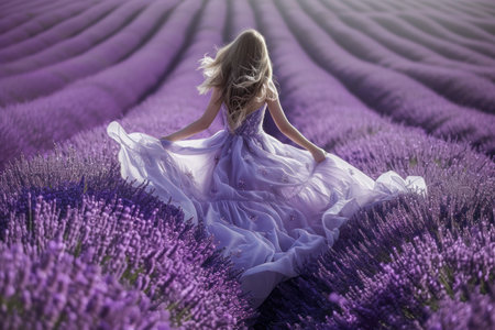 A lady adorned in a flowing violet gown strolls among a sea of lavender plants, their magenta petals contrasting the electric blue skyの素材
