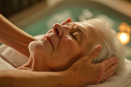 An elderly woman is receiving a comforting head massage in a spa, her eyes closed in relaxation. The art of the masseuses thumb on her chest helps to smooth away wrinklesの素材