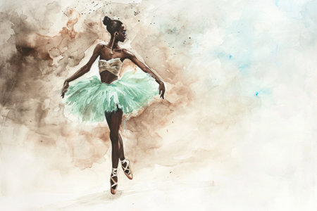a painting of a ballerina in a turquoise tutu. watercolor drawing, stands with her back against a light backgroundの素材