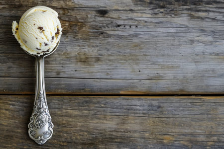 A kitchen utensil, a spoon, filled with ice cream is resting on a tableware item, a wooden table, made of hardwoodの素材