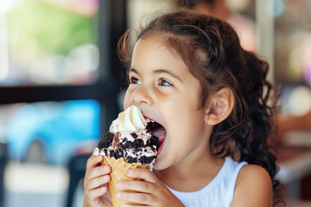 A young girl is enjoying a sweet dessert of an ice cream cone in a restaurant, happily sharing a smile as she indulges her food craving with each delicious biteの素材