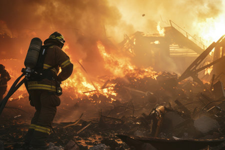 Two firefighters are tackling a hazardous wildfire with a hose, facing intense heat and flames to control the event and prevent further pollution from smoke and gasesの素材