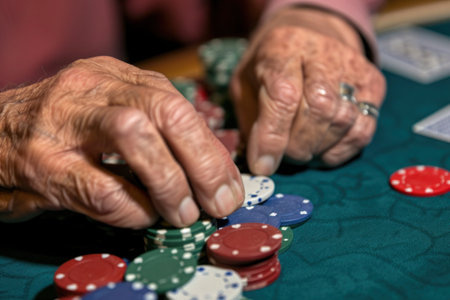 An elderly woman is seated at a poker table, her hand resting on the baize surface of the poker set. She is focused on the game, her fingers expertly shuffling the cards in the casinolike settingの素材