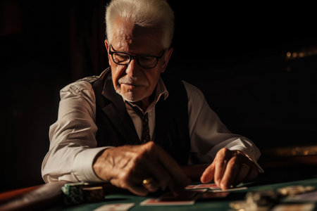 An elderly gentleman, wearing glasses, sits at a table in the darkness, playing cards for entertainment. The soft music in the background adds to the peaceful atmosphere of the recreation eventの素材