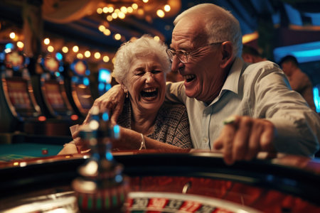 An elderly couple, wearing glasses, is sharing a moment of leisure and fun while playing roulette in a casino. Their smiles captured in a photograph showcase the joy of the eventの素材