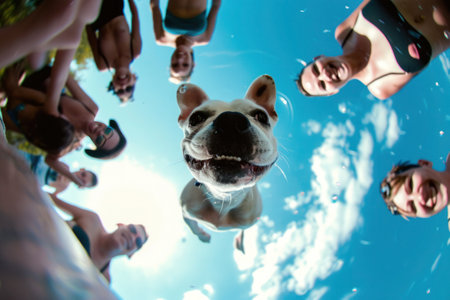 A group of happy people leisurely watching a dog in the azure water, enjoying the recreation and fun of the momentの素材