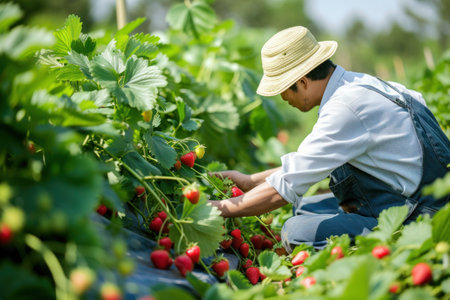 A farmer wearing a sun hat is harvesting strawberries in a lush field filled with flowers and tall grass, surrounded by the beauty of natureの素材
