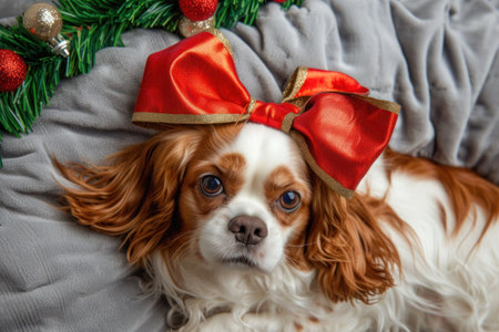 A fawncolored Cavalier King Charles Spaniel, a small toy dog breed, with a red bow on its head. Known as a companion dog, this carnivorous canine has a livercolored snoutの素材