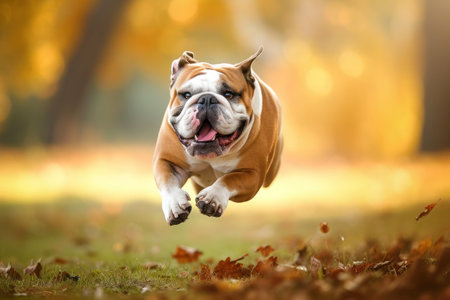 A Bulldog, a carnivorous dog breed, is leaping in the air in a park. This terrestrial animal, known for its whiskers, is surrounded by grass, trees, and woodの素材