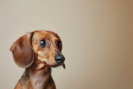 A fawn dachshund, a small dog breed known for its long body and short legs, is sitting on a beige background and looking at the cameraの素材